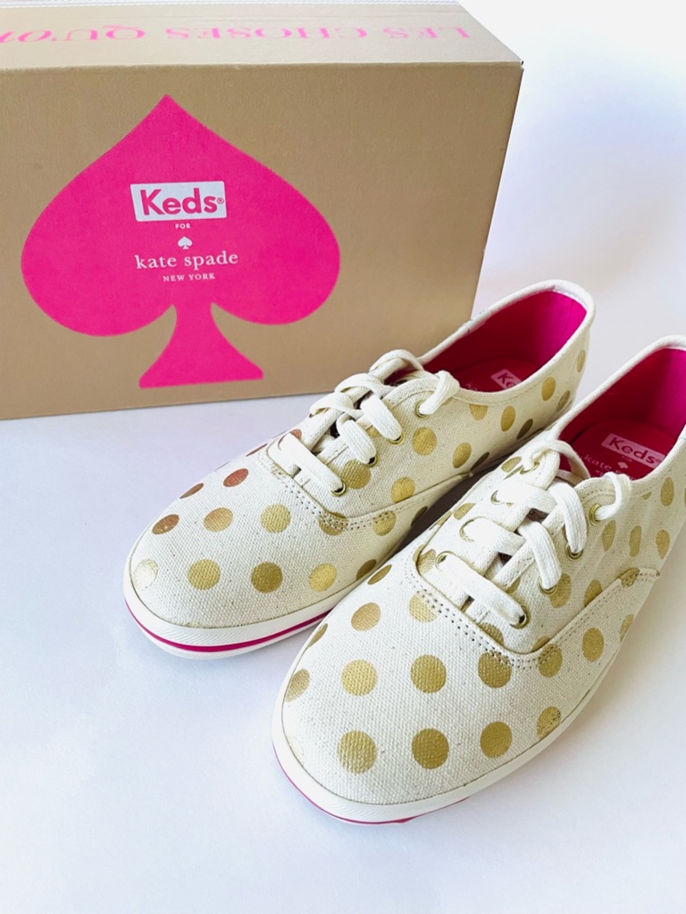 Keds x Kate Spade Cream Canvas Sneakers with Gold Polka Dots and Pink Lining